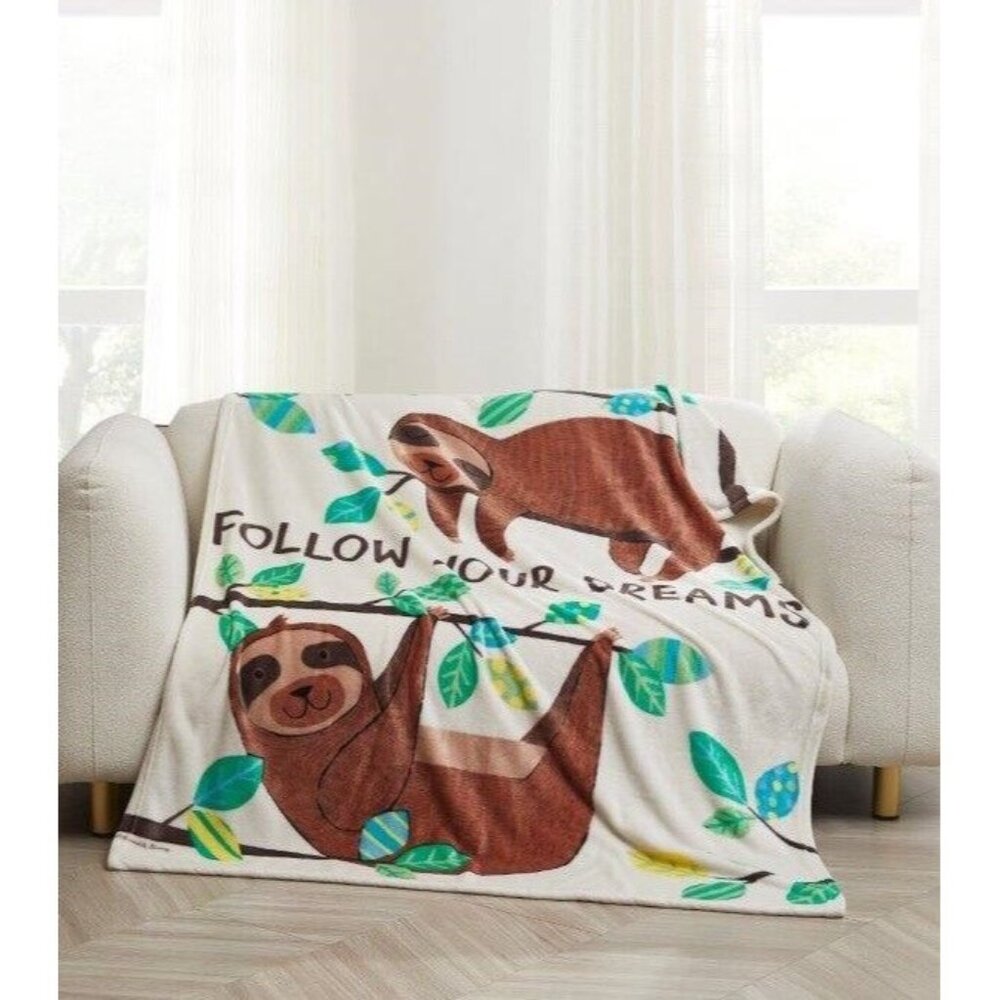 New Sloth Dreams Plush Throw Blanket Gift Three Toed Sloths Rain Forest Mammal - Picture 1 of 3